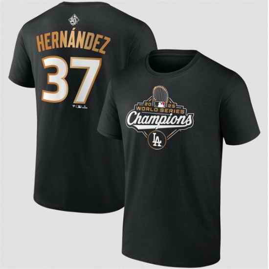 Men Los Angeles Dodgers 37 Teoscar Hernandez Black 2025 World Series Champions Name 26 Number T Shirt